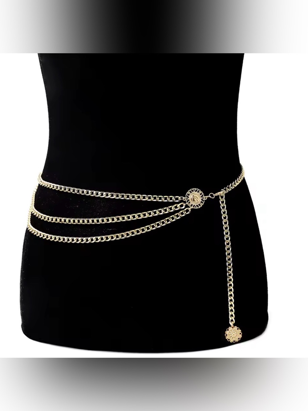 Gold Multi-Strand Lariat Necklace with Sun Medallion